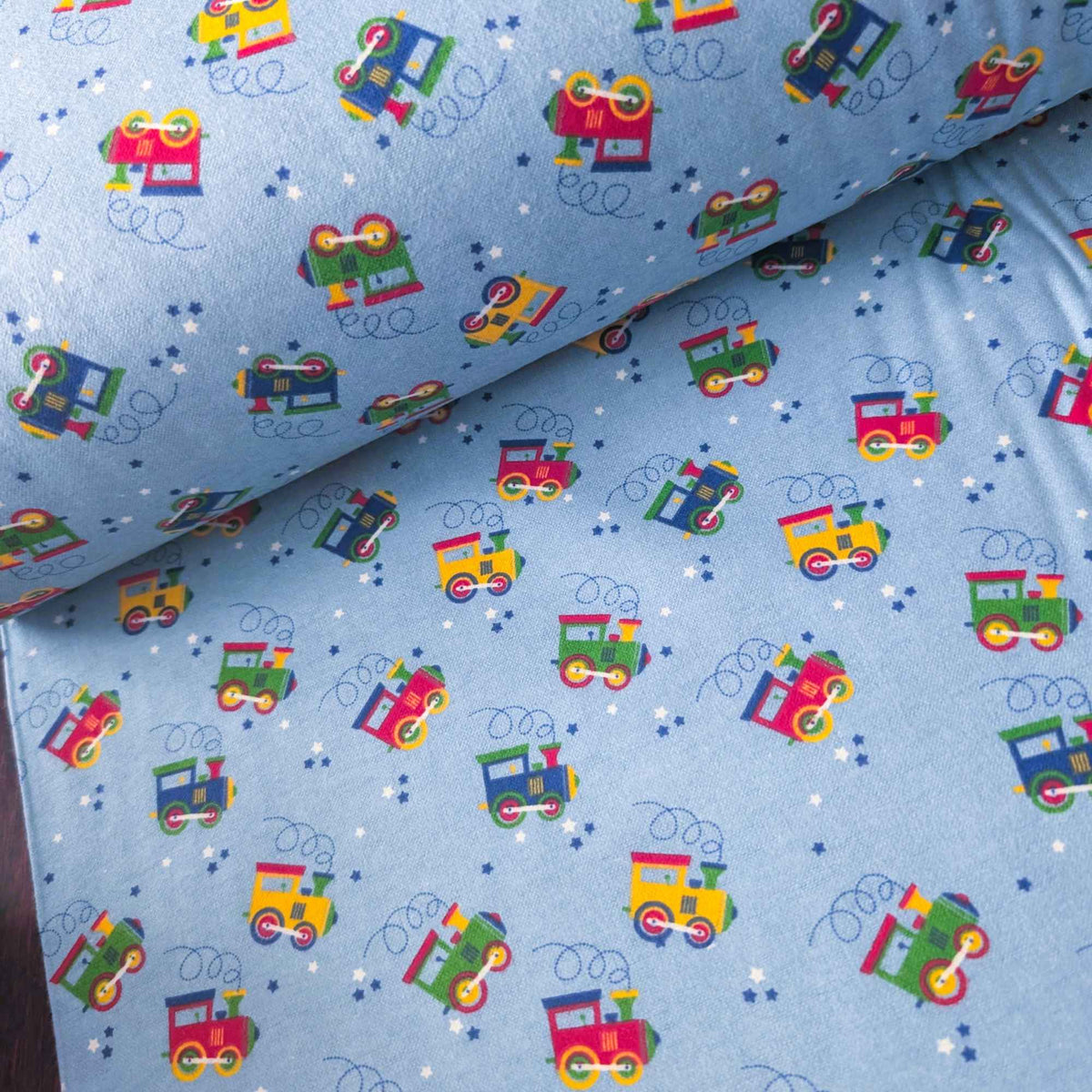 Colorful Trains on Blue Cotton Flannel – Brushed Soft Oeko - Tex Standard 100