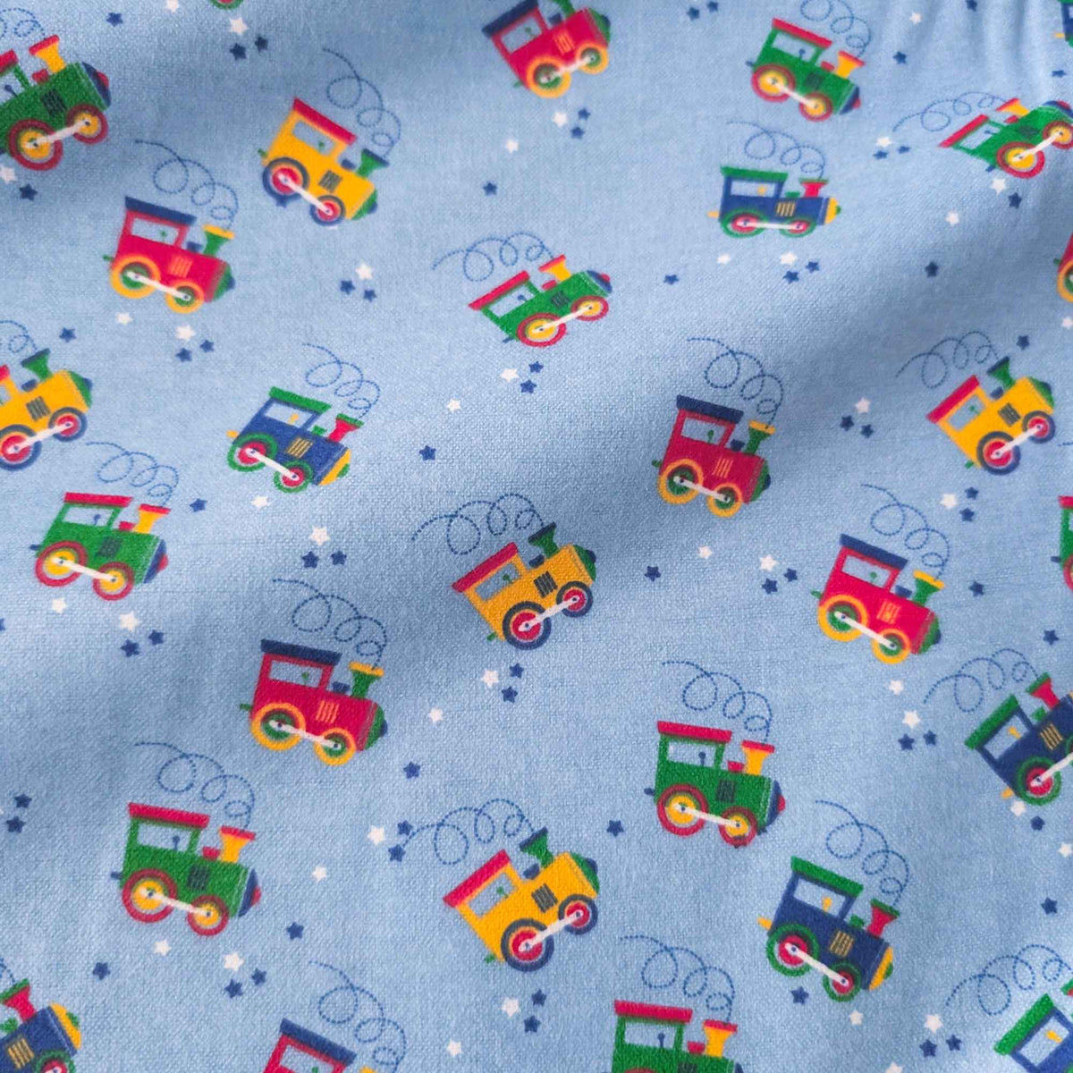 Colorful Trains on Blue Cotton Flannel – Brushed Soft Oeko - Tex Standard 100