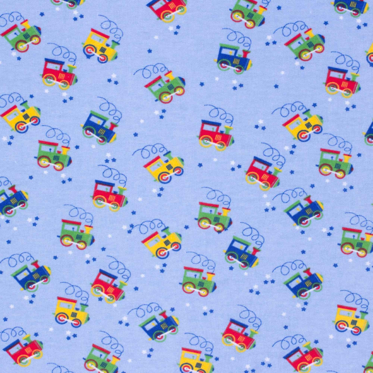 Colorful Trains on Blue Cotton Flannel – Brushed Soft Oeko - Tex Standard 100