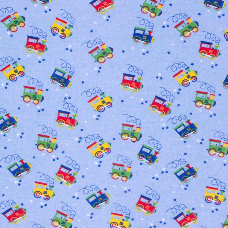 Colorful Trains on Blue Cotton Flannel – Brushed Soft Oeko - Tex Standard 100