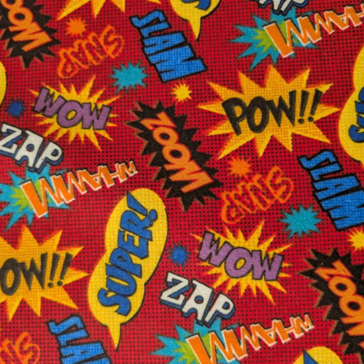 Comic Book Words Cotton Flannel Fabric – Red POW! ZAP! WOW! Superhero Print