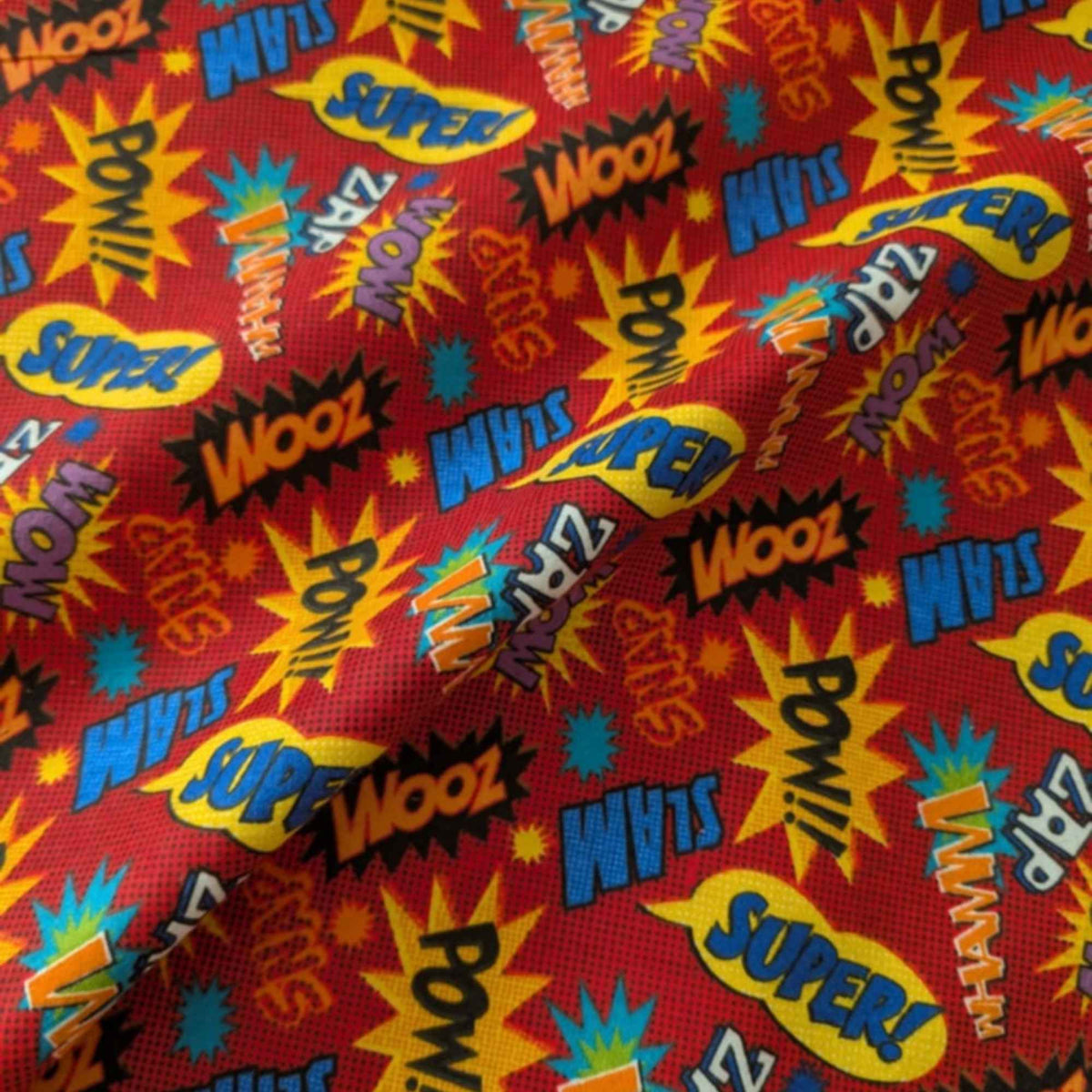 Comic Book Words Cotton Flannel Fabric – Red POW! ZAP! WOW! Superhero Print