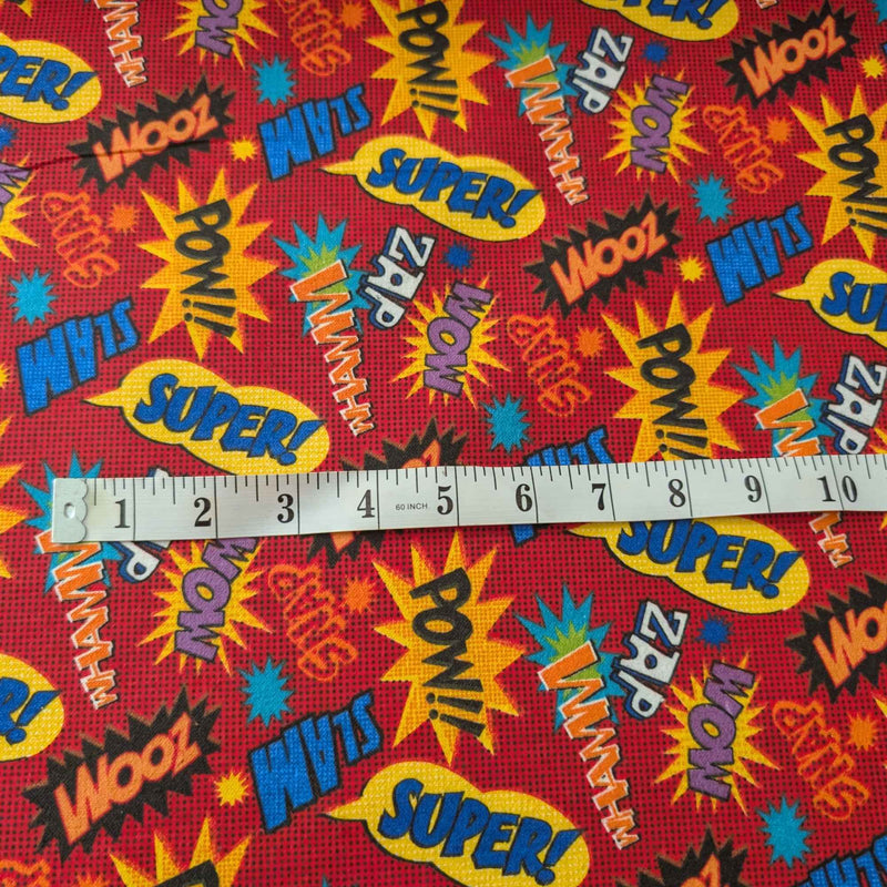 Comic Book Words Cotton Flannel Fabric – Red POW! ZAP! WOW! Superhero Print