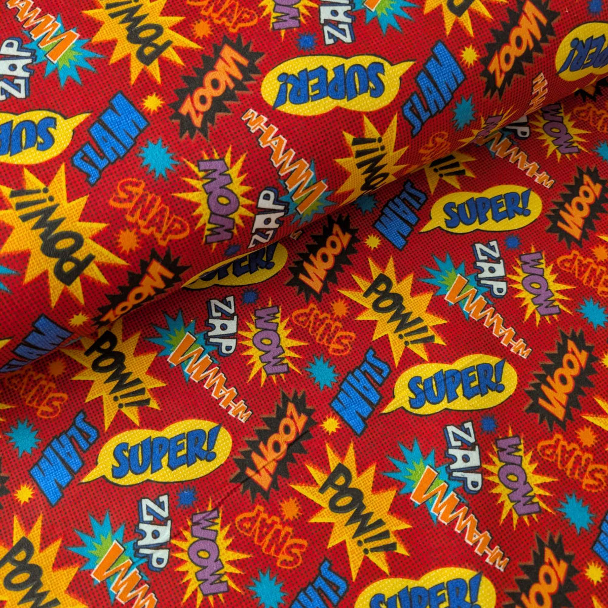 Comic Book Words Cotton Flannel Fabric – Red POW! ZAP! WOW! Superhero Print