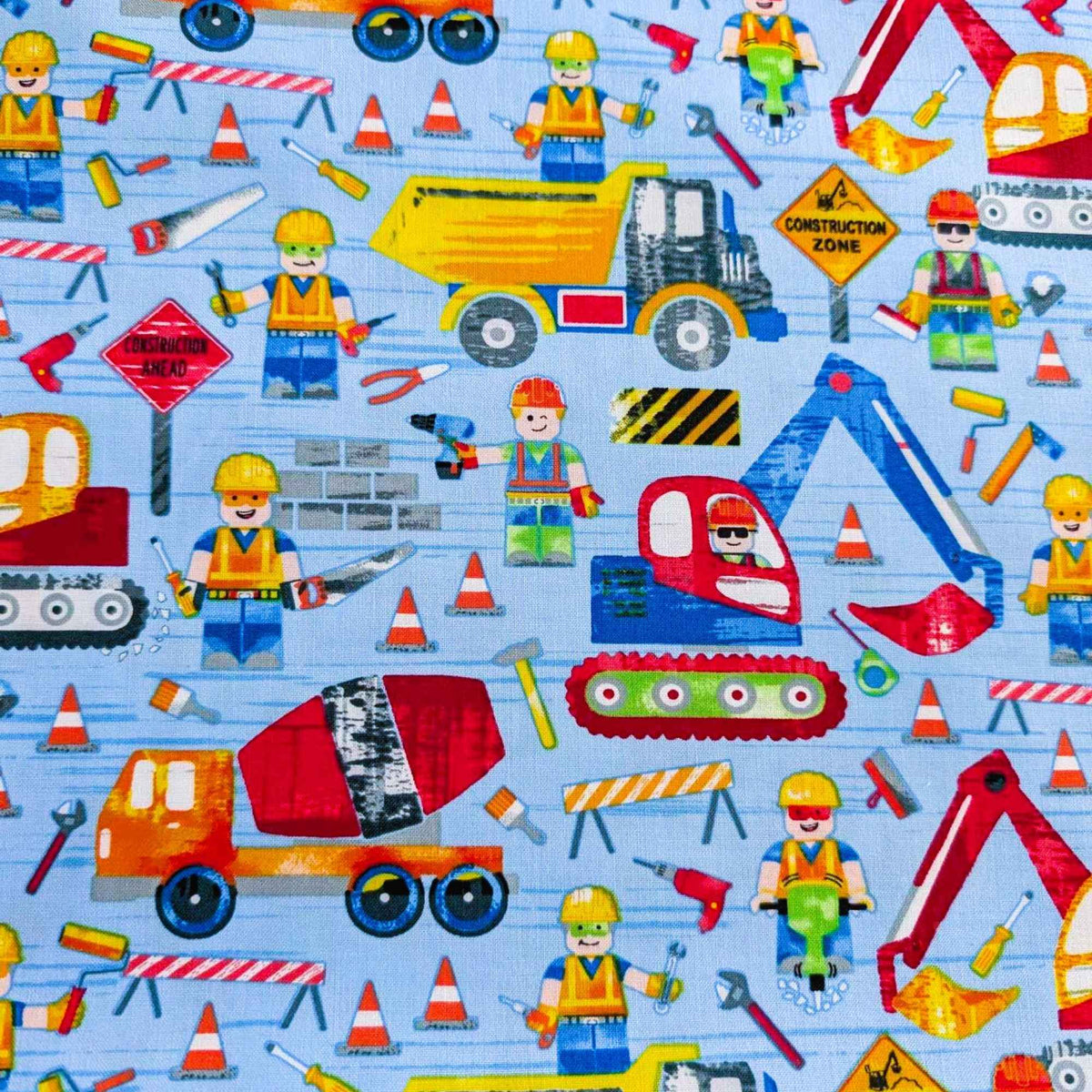 Construction Zone, Bulldozers, Digger, Vehicle Cotton Fabric