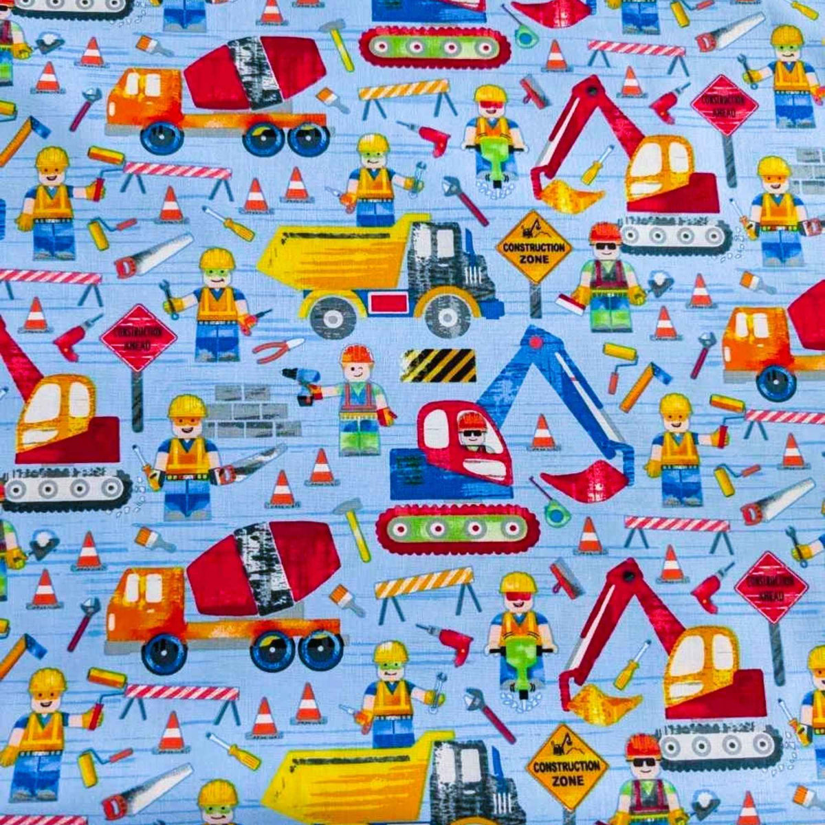 Construction Zone, Bulldozers, Digger, Vehicle Cotton Fabric