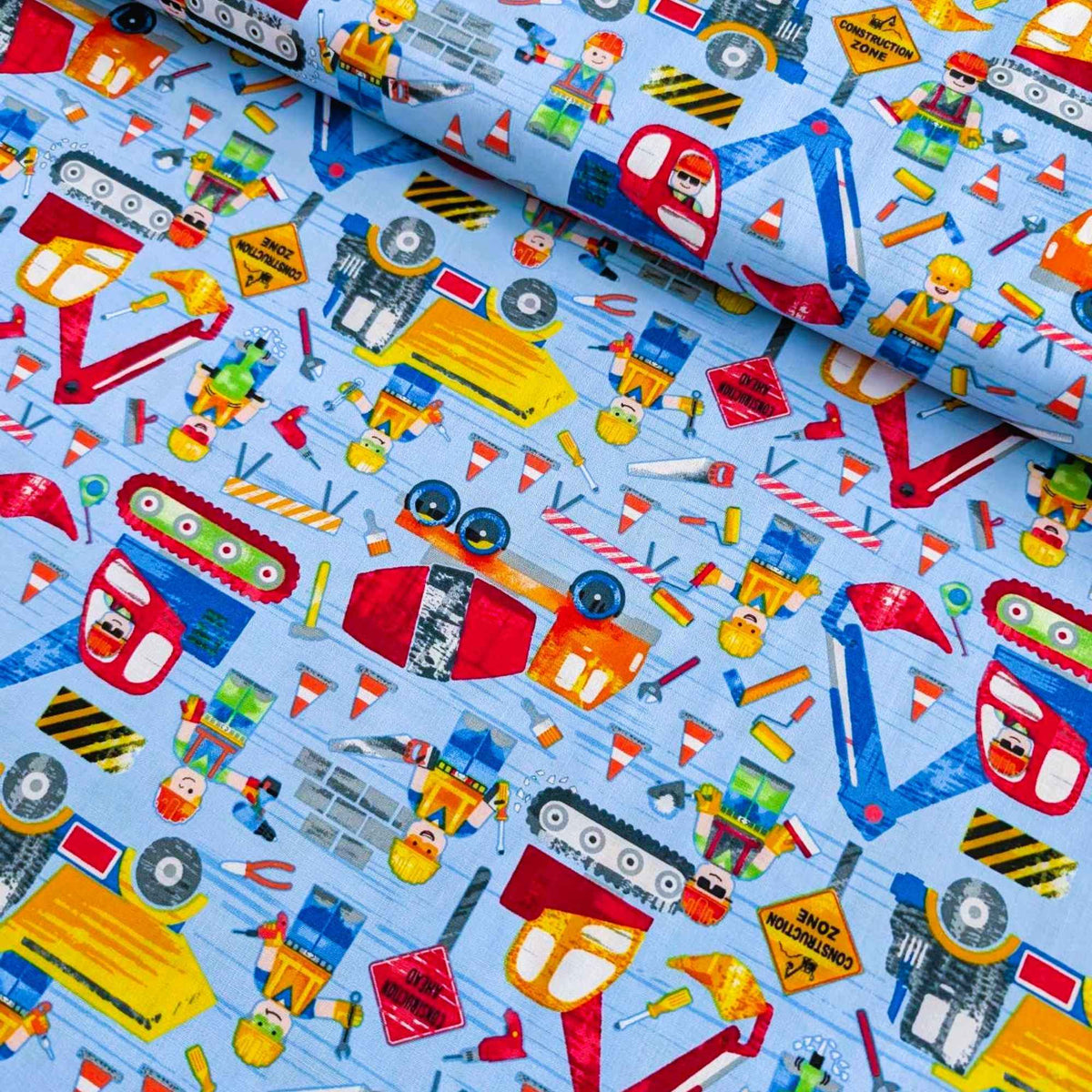 Construction Zone, Bulldozers, Digger, Vehicle Cotton Fabric