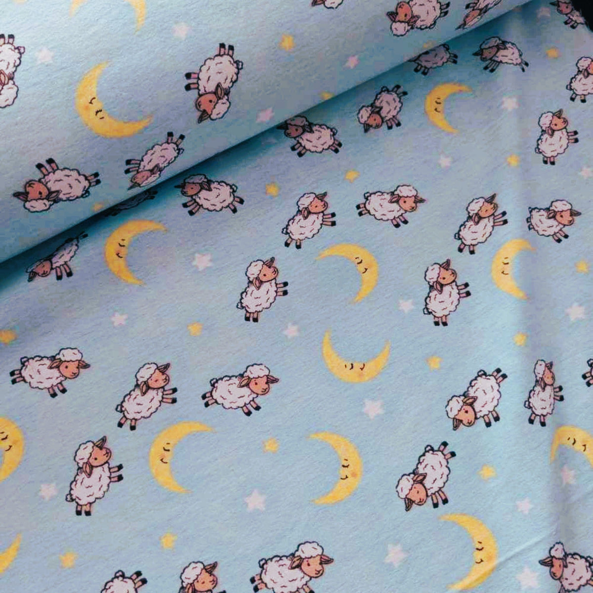 Counting Sheep Cotton Flannel – Moon & Stars Print on Light Blue – Baby Nursery Fabric