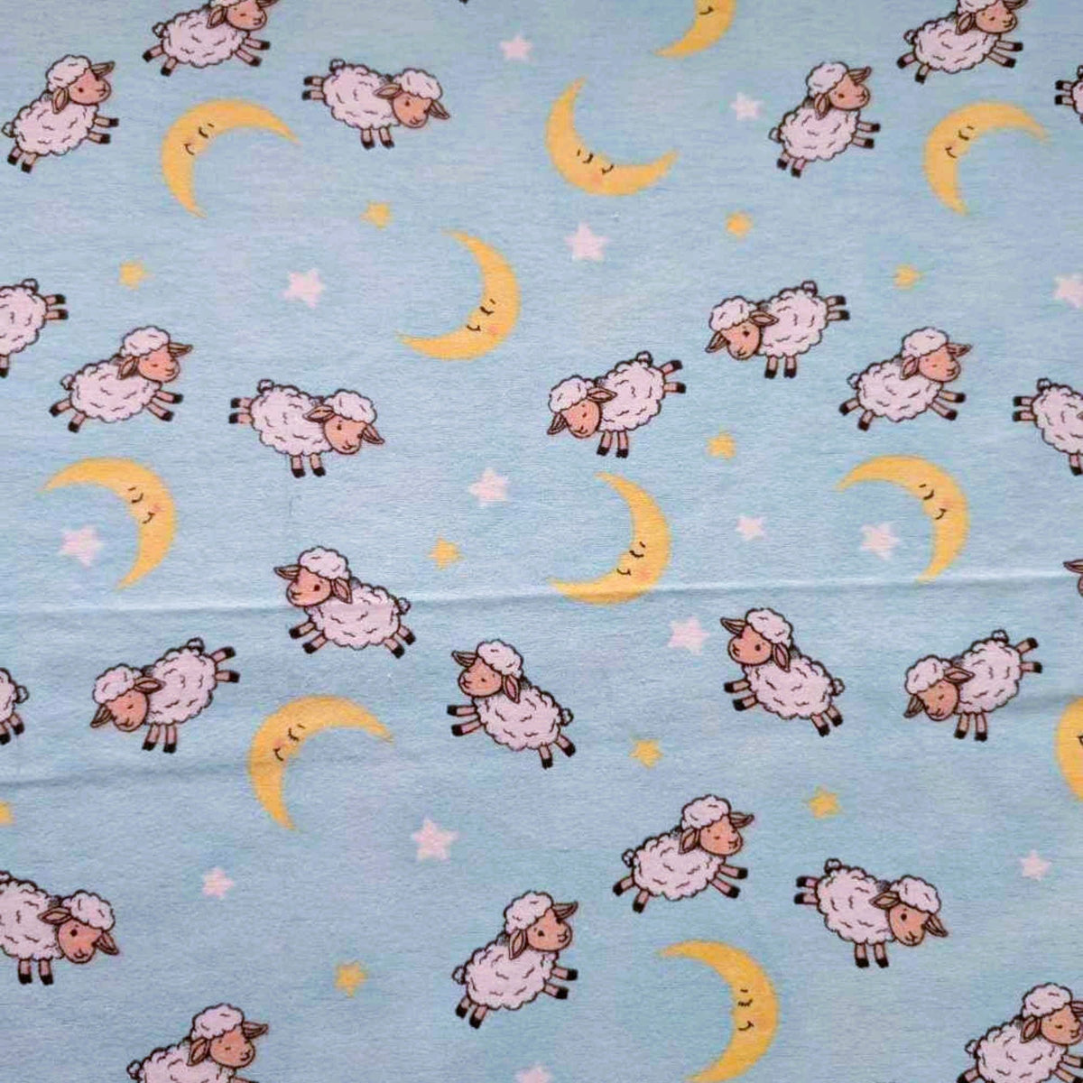 Counting Sheep Cotton Flannel – Moon & Stars Print on Light Blue – Baby Nursery Fabric