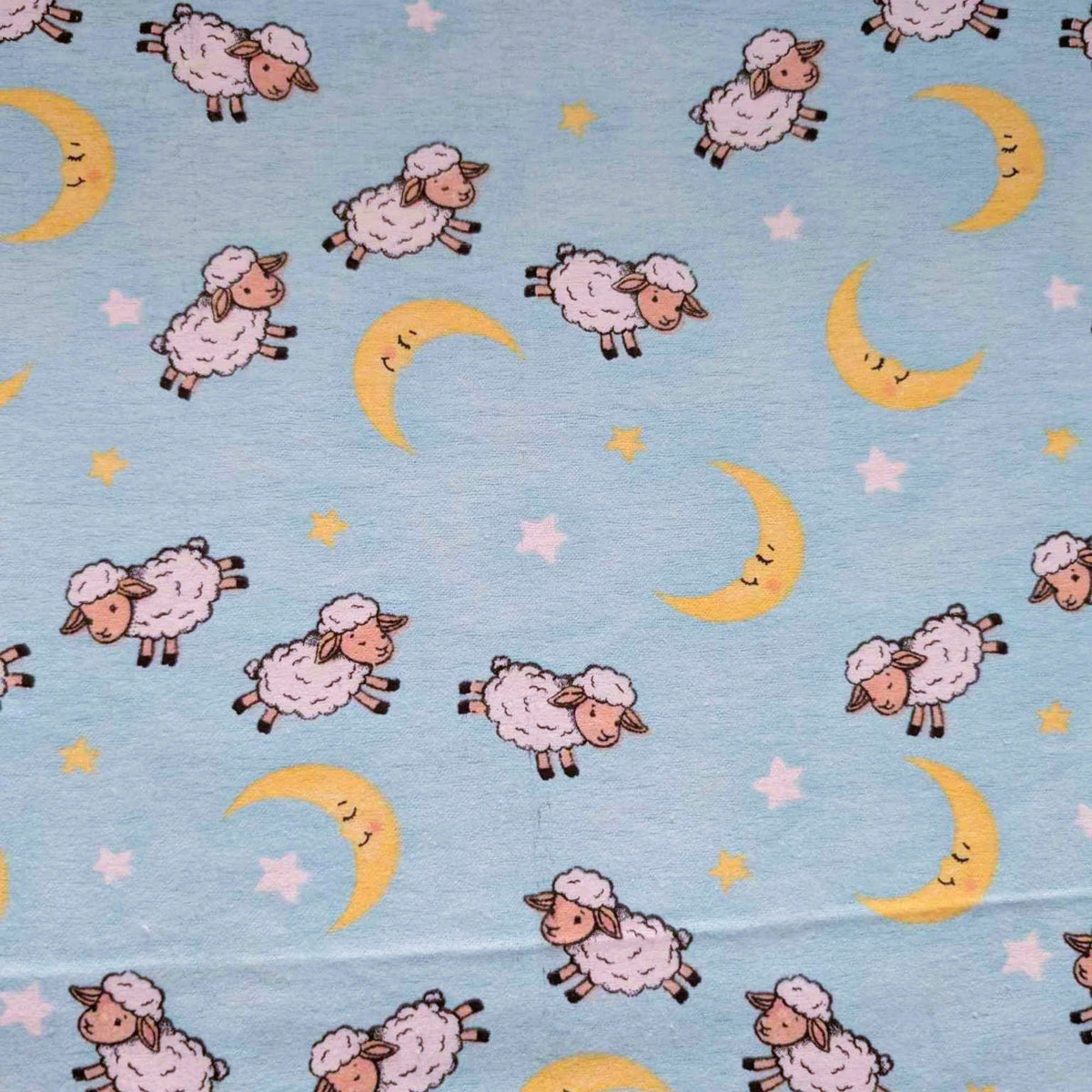 Counting Sheep Cotton Flannel – Moon & Stars Print on Light Blue – Baby Nursery Fabric