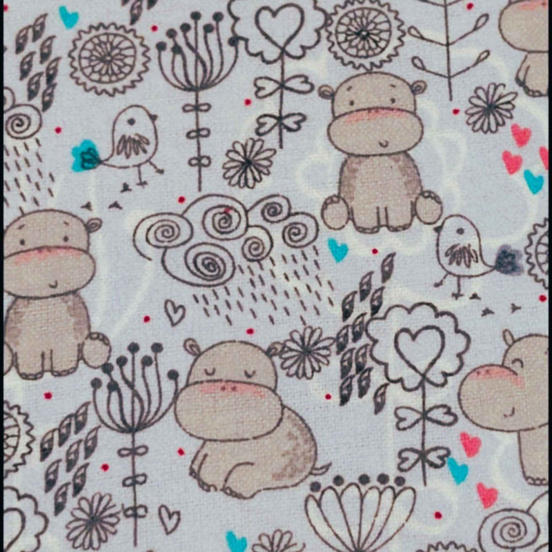 Cute Hippos & Birds on White Cotton Flannel – Brushed Soft Oeko - Tex Standard 100