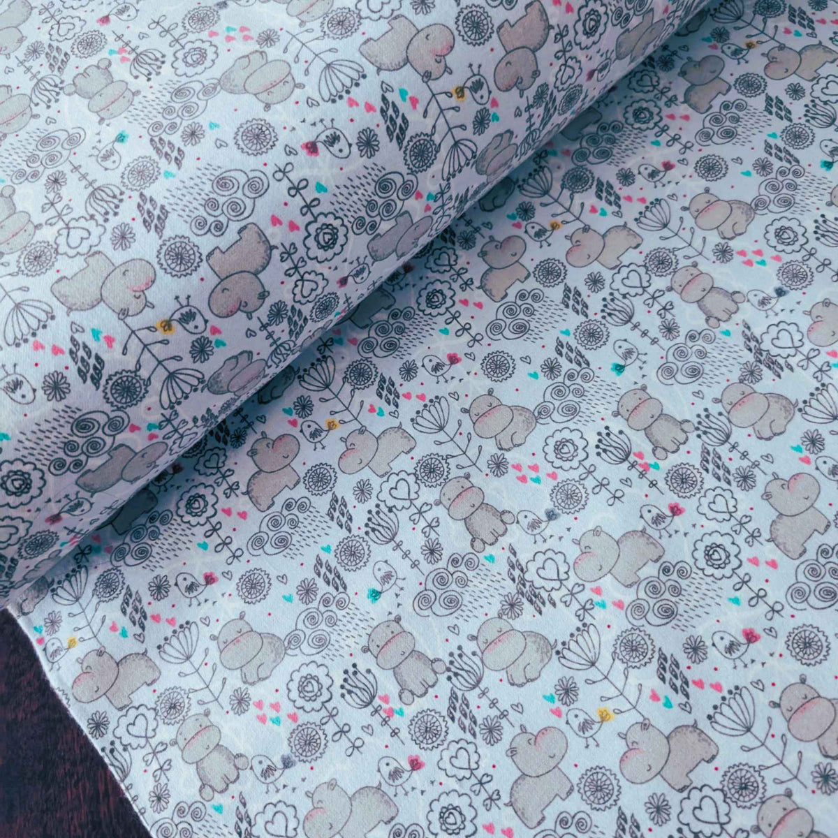 Cute Hippos & Birds on White Cotton Flannel – Brushed Soft Oeko - Tex Standard 100