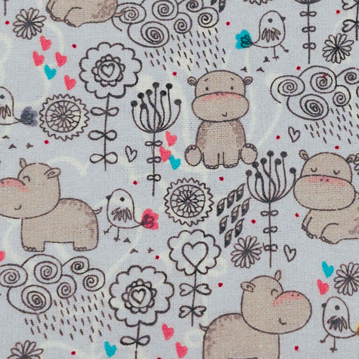 Cute Hippos & Birds on White Cotton Flannel – Brushed Soft Oeko - Tex Standard 100