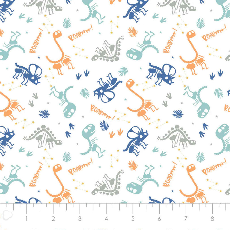 Dino Dreams Multi Cotton Flannel in White – Brushed 100% Cotton