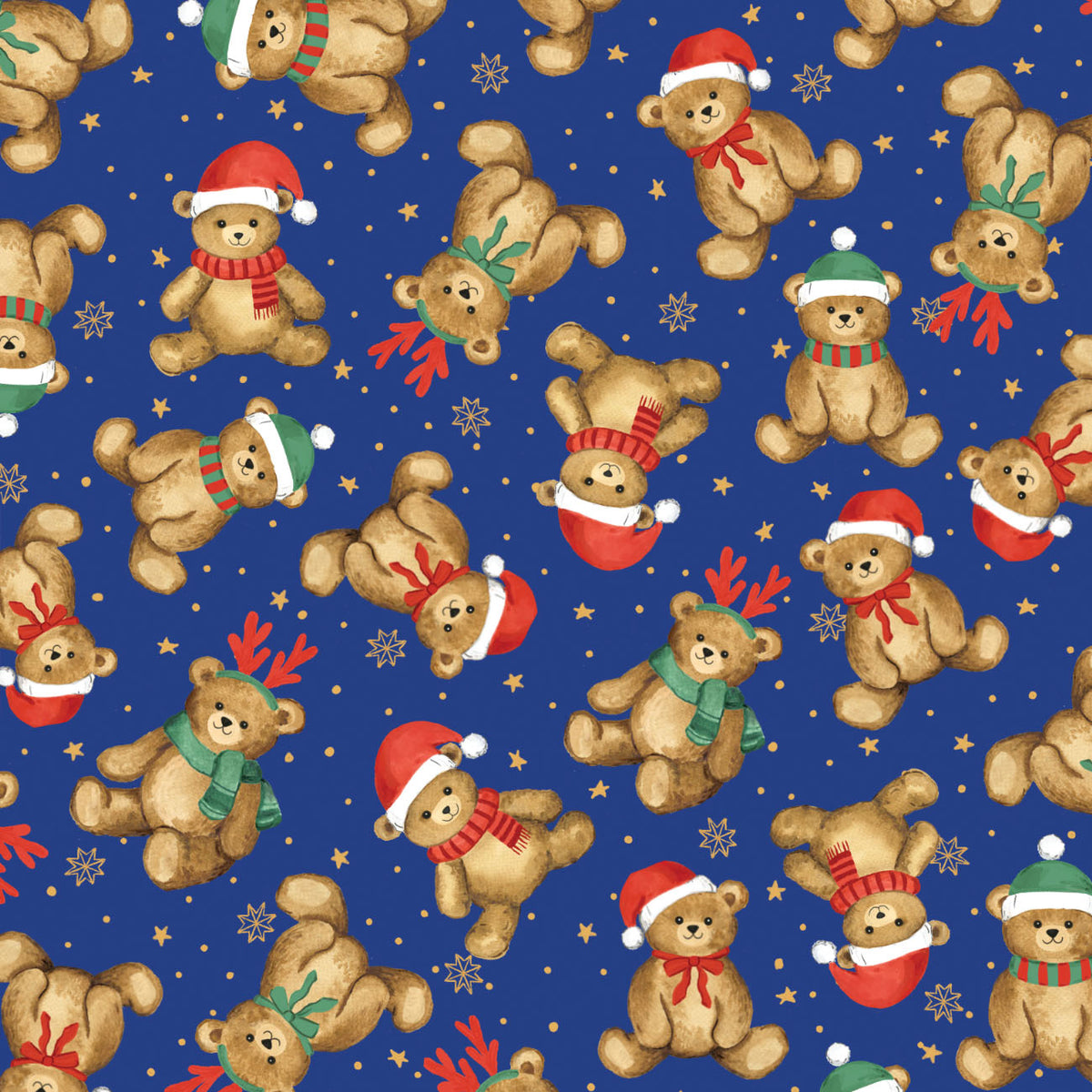 Tossed holiday teddy bears with Santa hats and gold stars on rich blue background