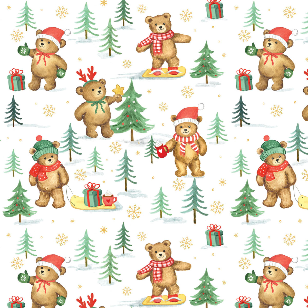 Watercolor holiday teddy bears with pine trees, gifts, and snowflakes on white quilting cotton