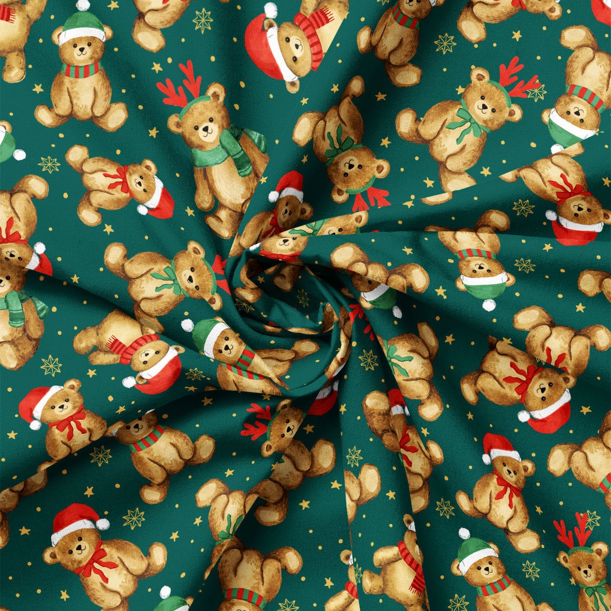 Close-up of green holiday teddy bear fabric showing folds and print scale
