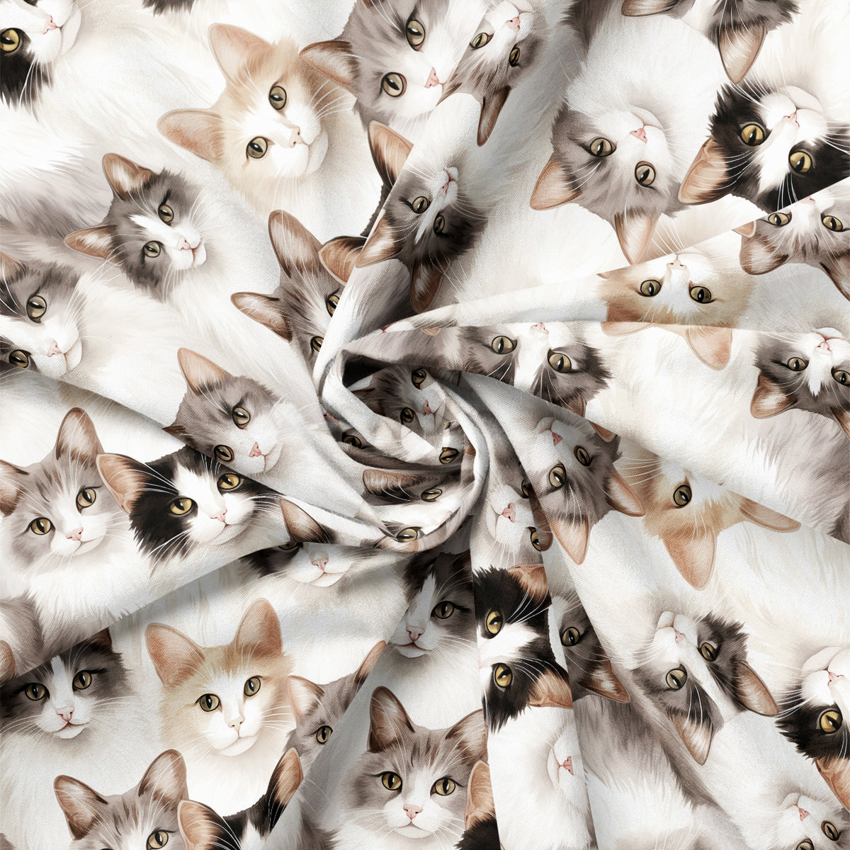 Draped close-up of Paw & Whisker Cat Faces quilting cotton print.