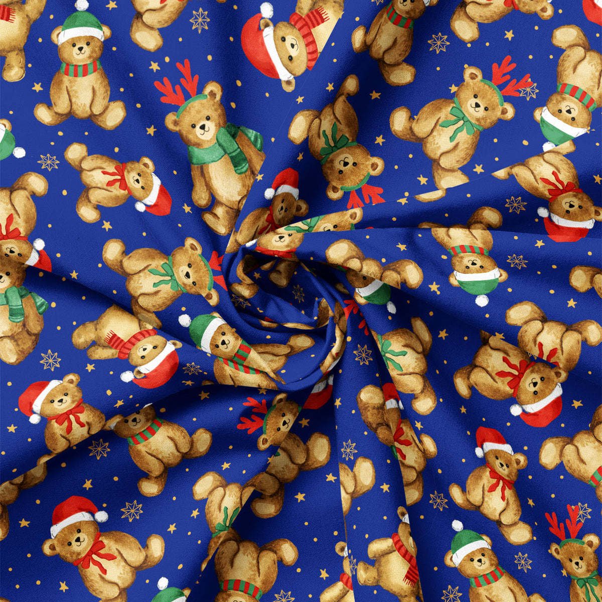 Close-up of blue holiday teddy bear fabric showing folds and print scale