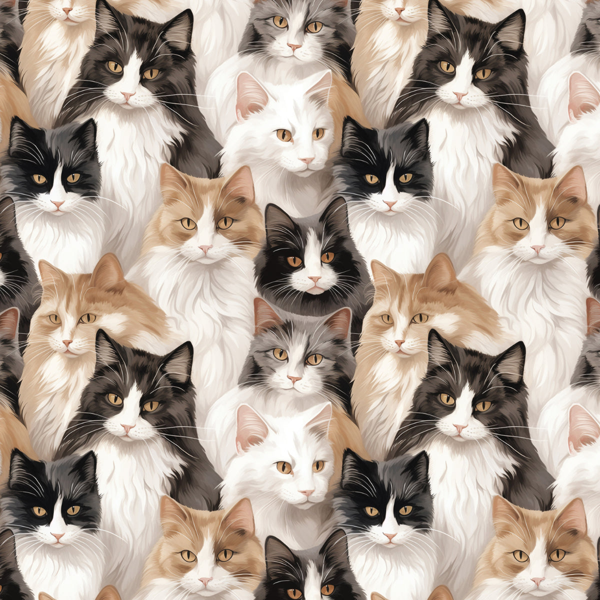 Paw & Whisker quilting cotton featuring mixed cat portraits (black-and-white tuxedo, ginger, cream, and gray) tossed across a pale background.