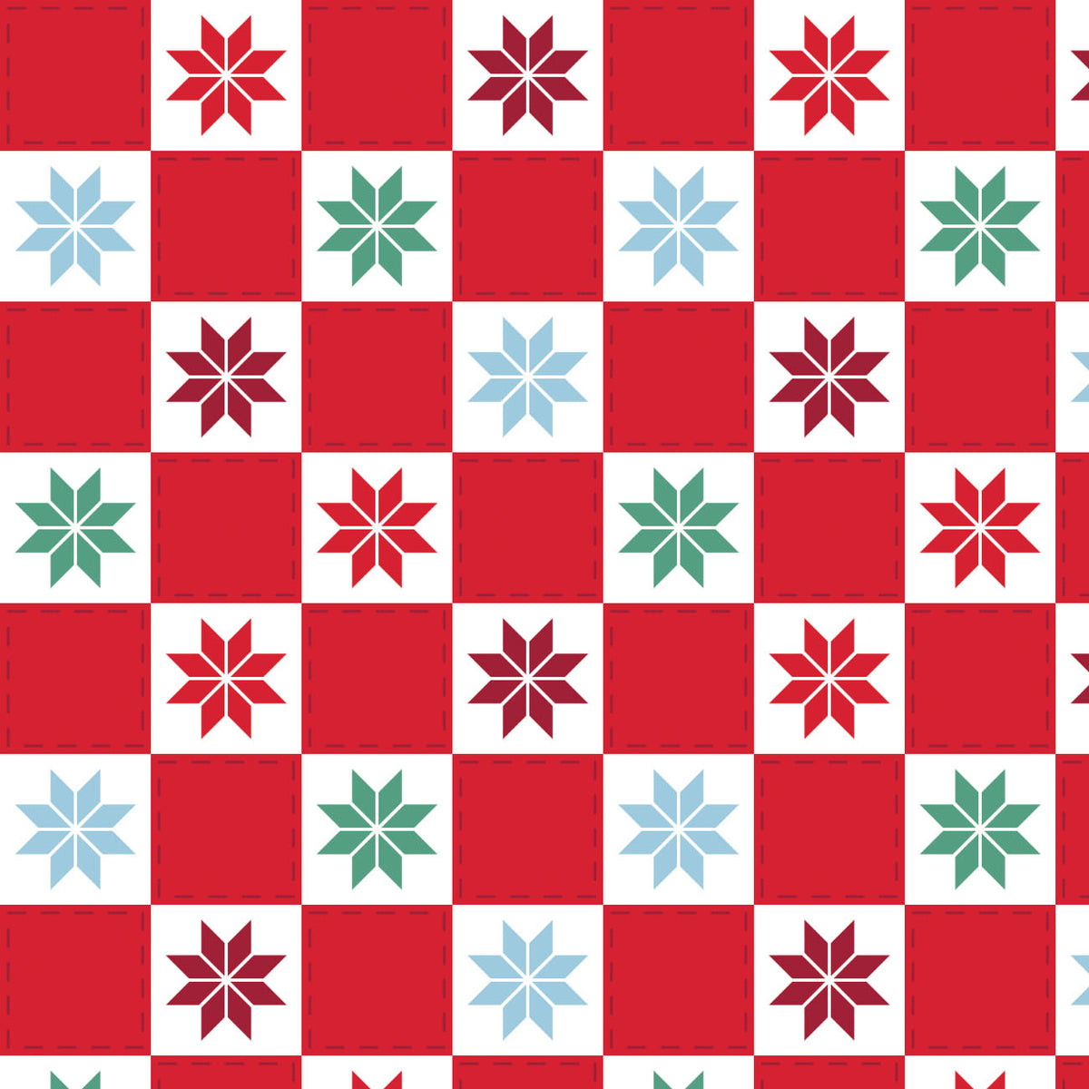 Red and white patchwork checkerboard with colorful snowflake blocks