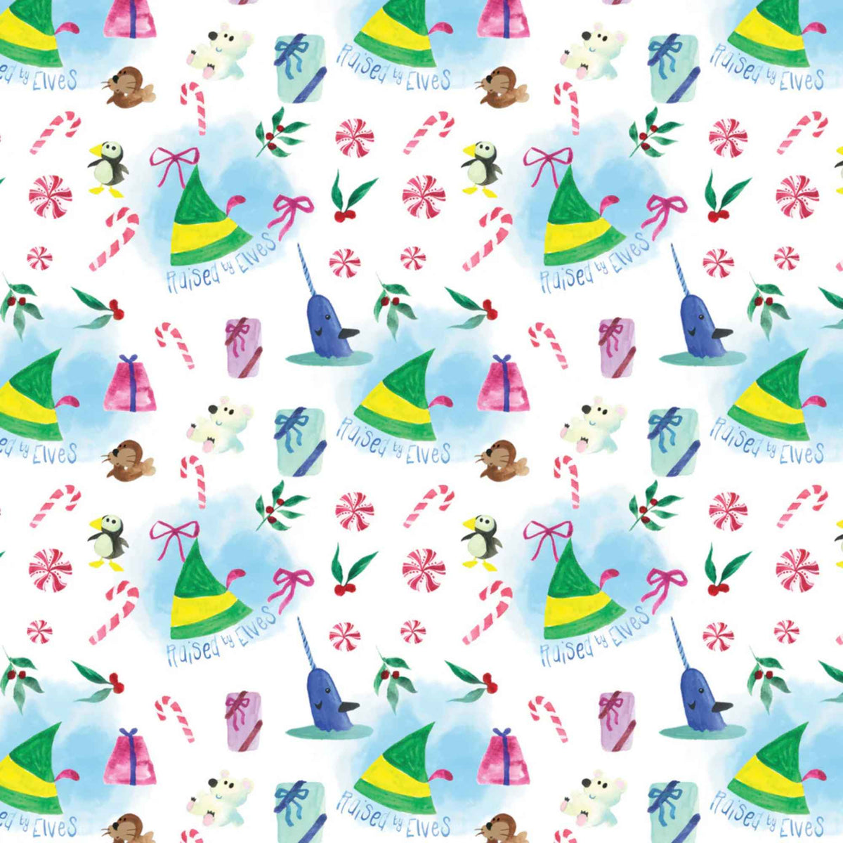 Elf the Movie Raised by Elves Fabric, Hats & Candy Canes – White | 100% Cotton
