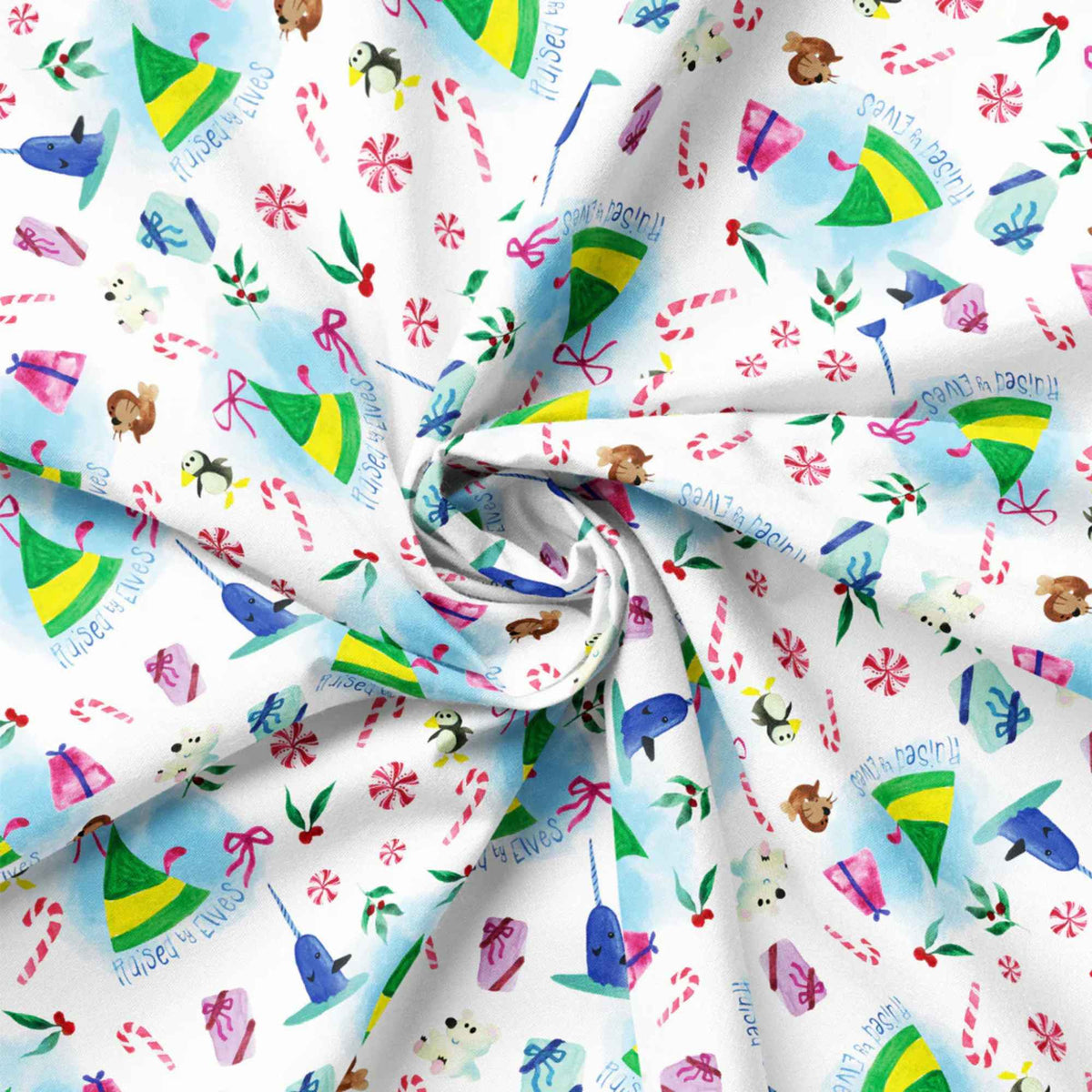 Elf the Movie Raised by Elves Fabric, Hats & Candy Canes – White | 100% Cotton
