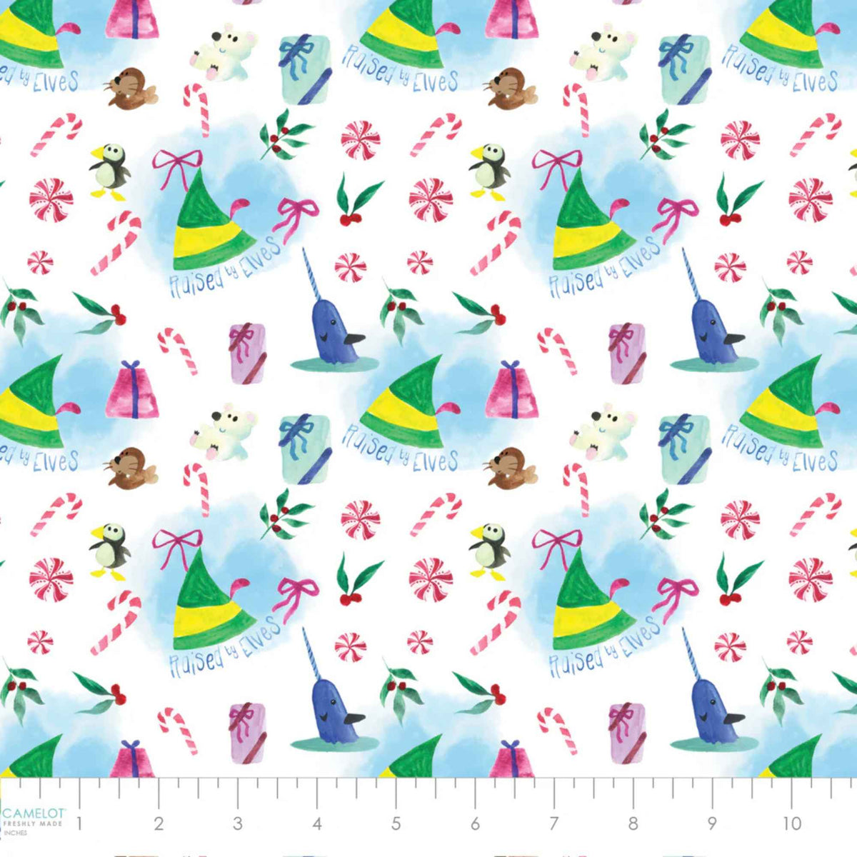 Elf the Movie Raised by Elves Fabric, Hats & Candy Canes – White | 100% Cotton
