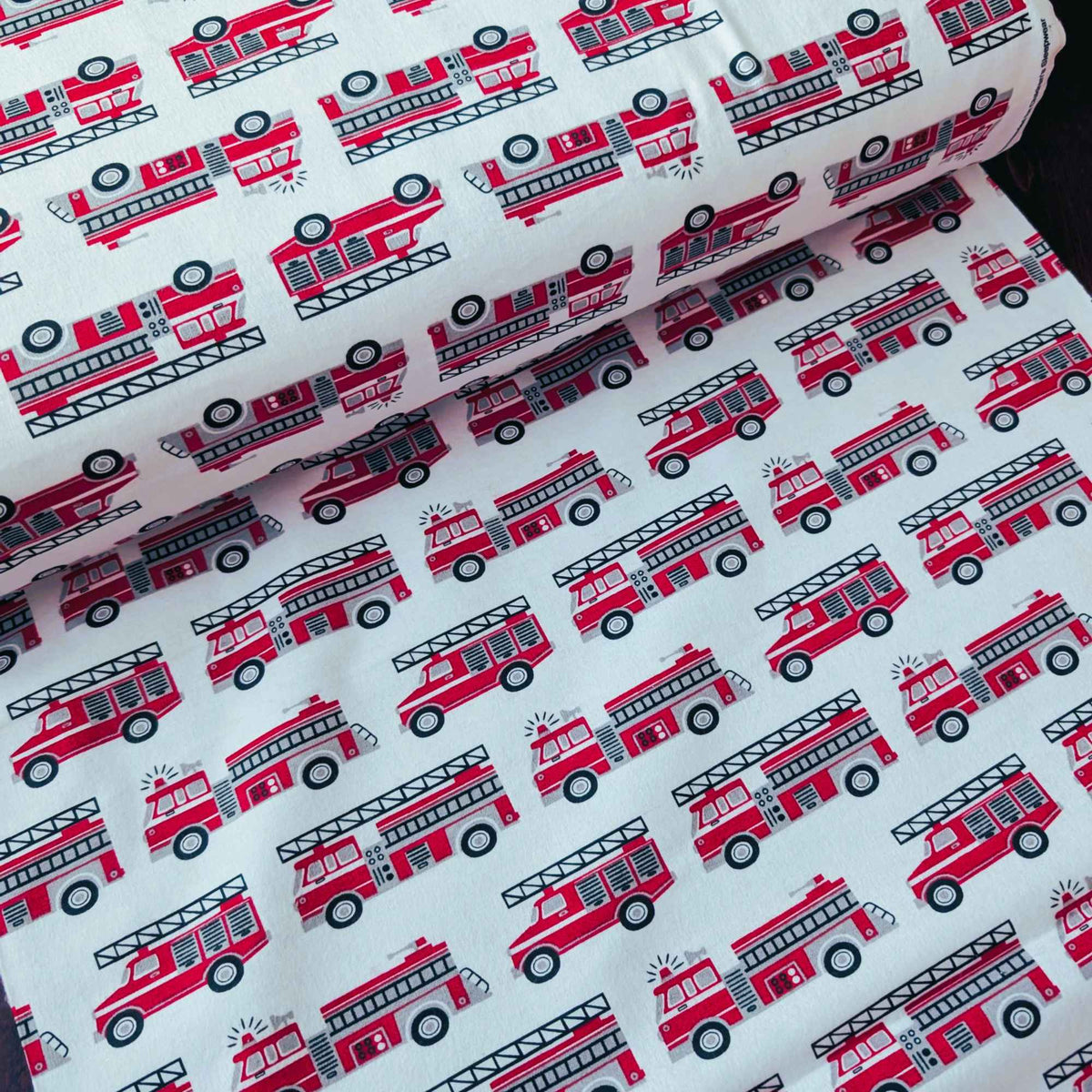 Fire Truck Print on White Cotton Flannel – Brushed Soft Oeko - Tex Standard 100