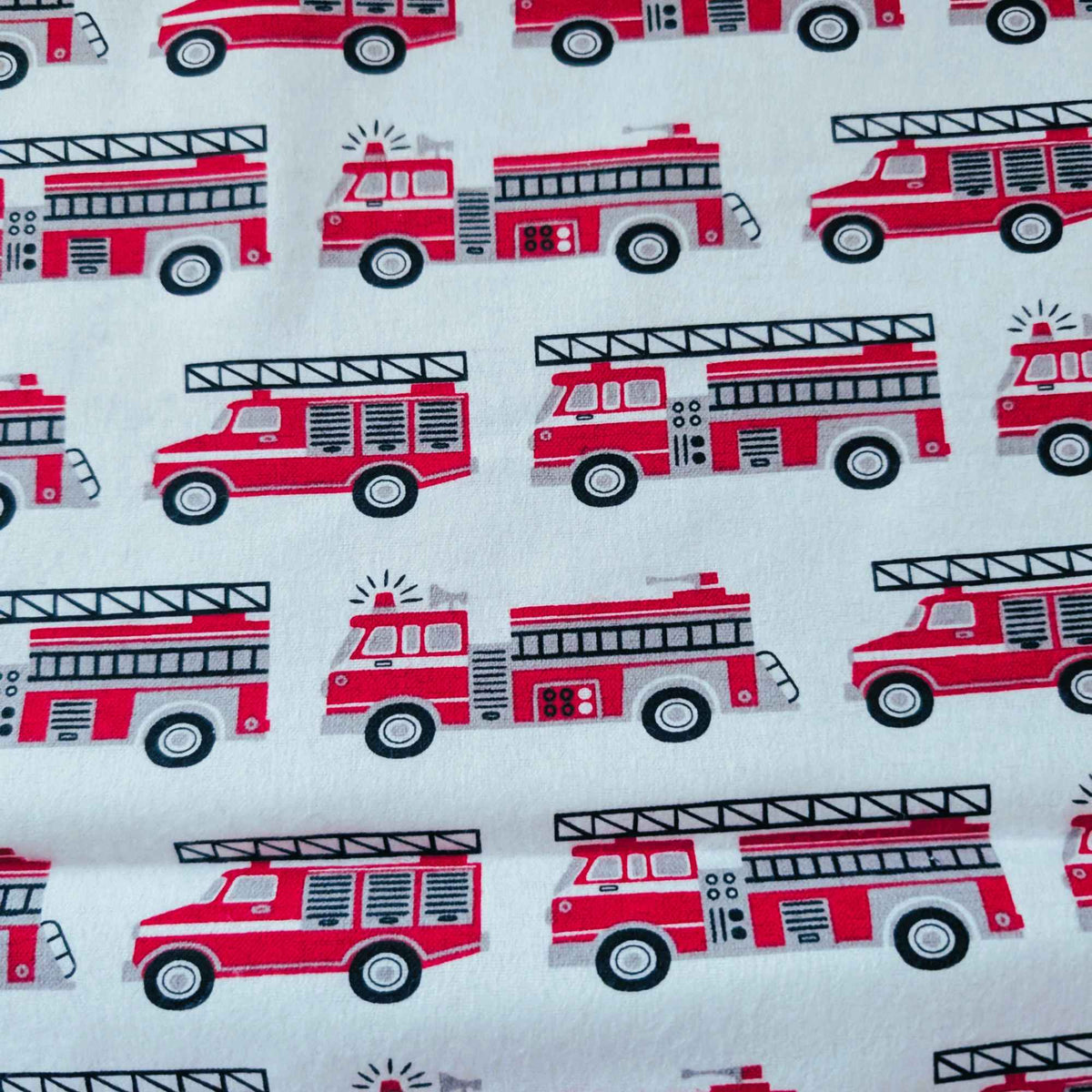 Fire Truck Print on White Cotton Flannel – Brushed Soft Oeko - Tex Standard 100