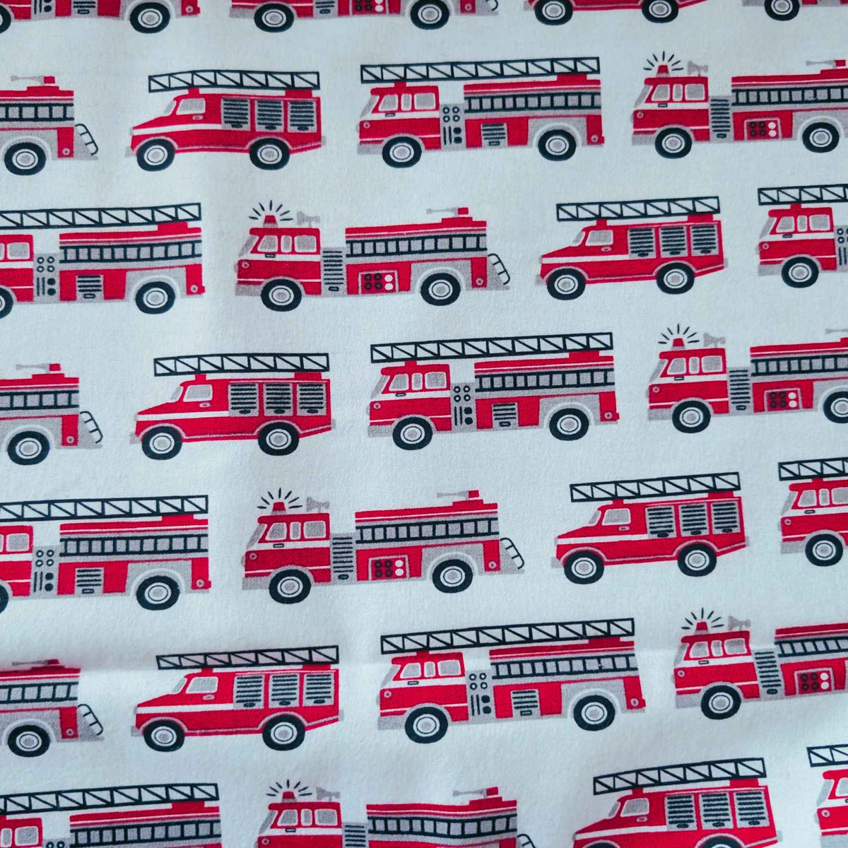 Fire Truck Print on White Cotton Flannel – Brushed Soft Oeko - Tex Standard 100