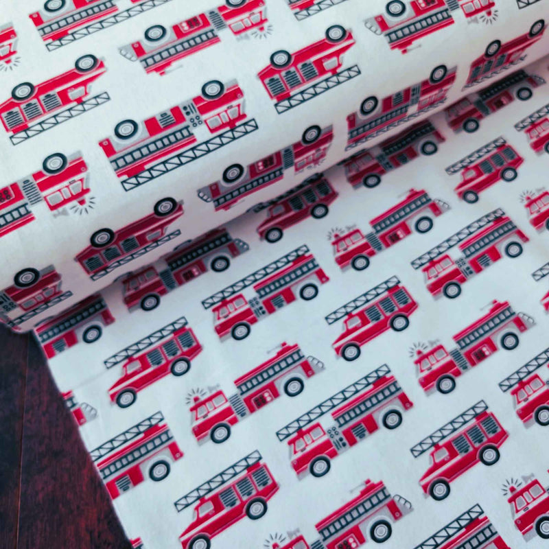 Fire Truck Print on White Cotton Flannel – Brushed Soft Oeko - Tex Standard 100