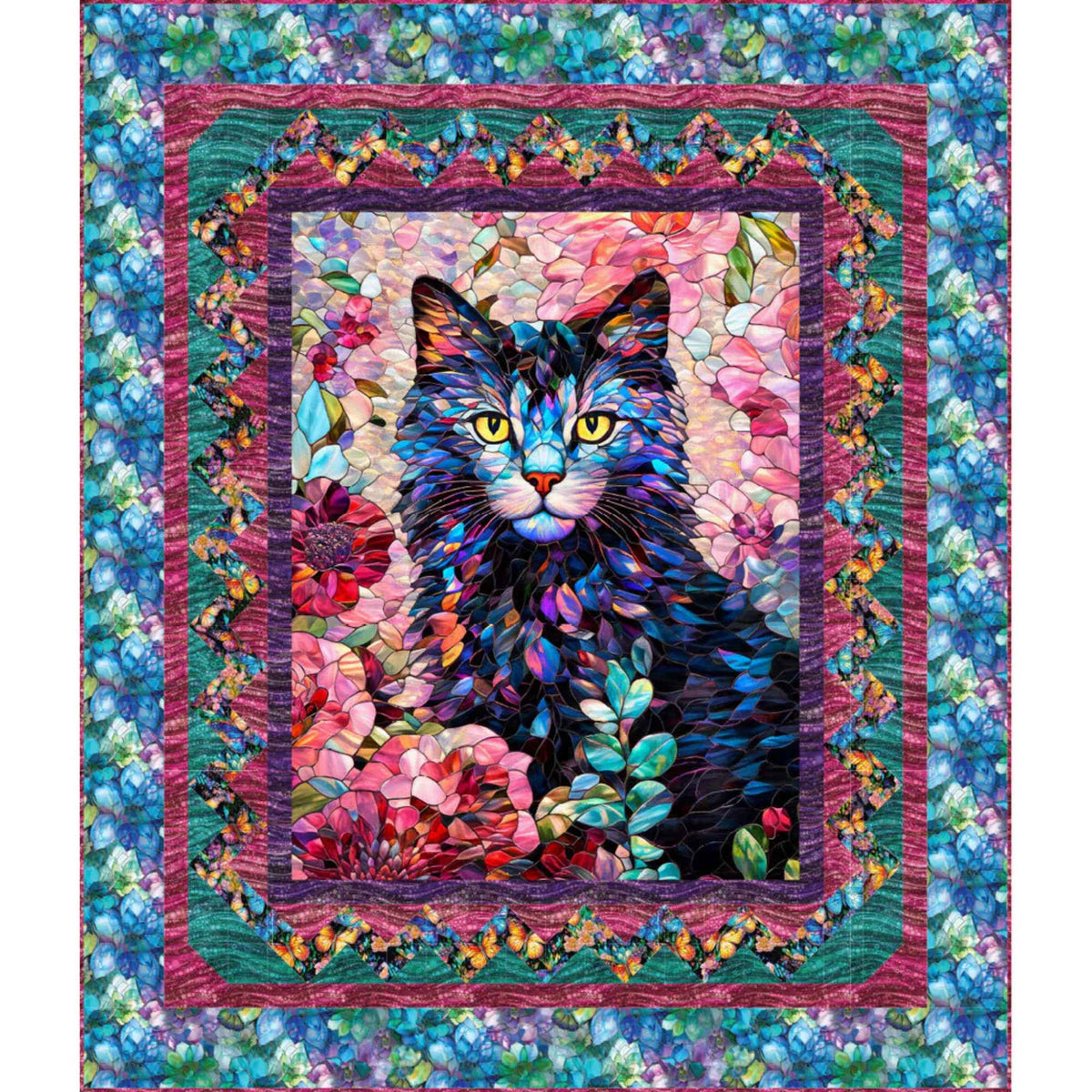 Pretty Kitty quilt kit featuring a colorful stained glass-style cat surrounded by vibrant floral borders – Gigi in the Garden 70 x 90 inch quilt