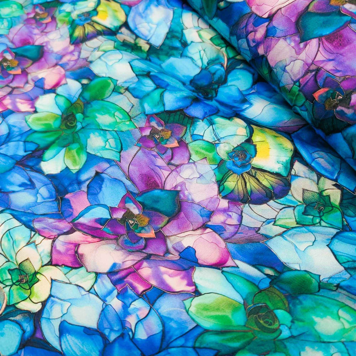 Stained glass-style succulent fabric in vibrant shades of blue, green, and purple – Gigi in the Garden 60-inch wide cotton quilt backing