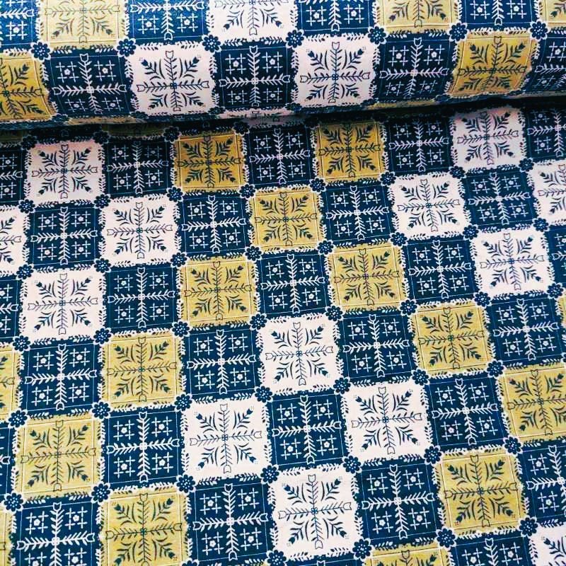 Granny Squares Motif, FLANNEL in Blue and Green