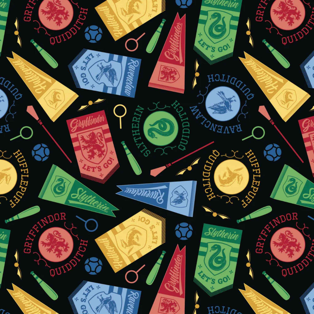 Harry Potter™ House Champions Banners Quilting Cotton – Black | Multi - House Quidditch