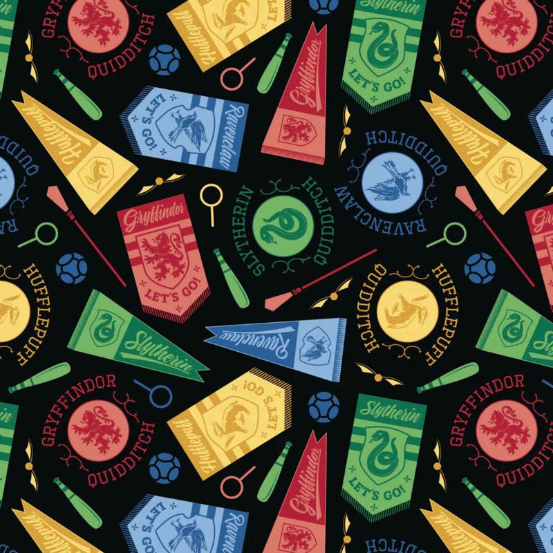 Harry Potter™ House Champions Banners Quilting Cotton – Black | Multi - House Quidditch