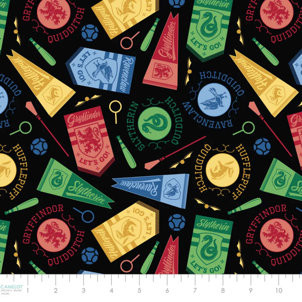 Harry Potter™ House Champions Banners Quilting Cotton – Black | Multi - House Quidditch