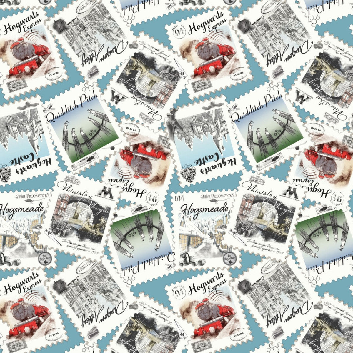 Harry Potter Postage Stamps all Over on Blue CottonFabric