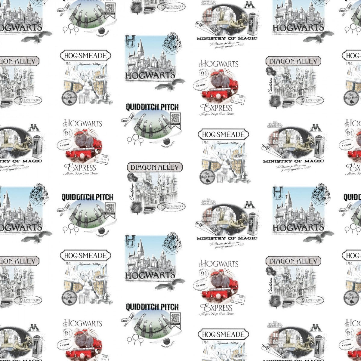 Harry Potter Wizarding Locations all Over on White cotton fabric