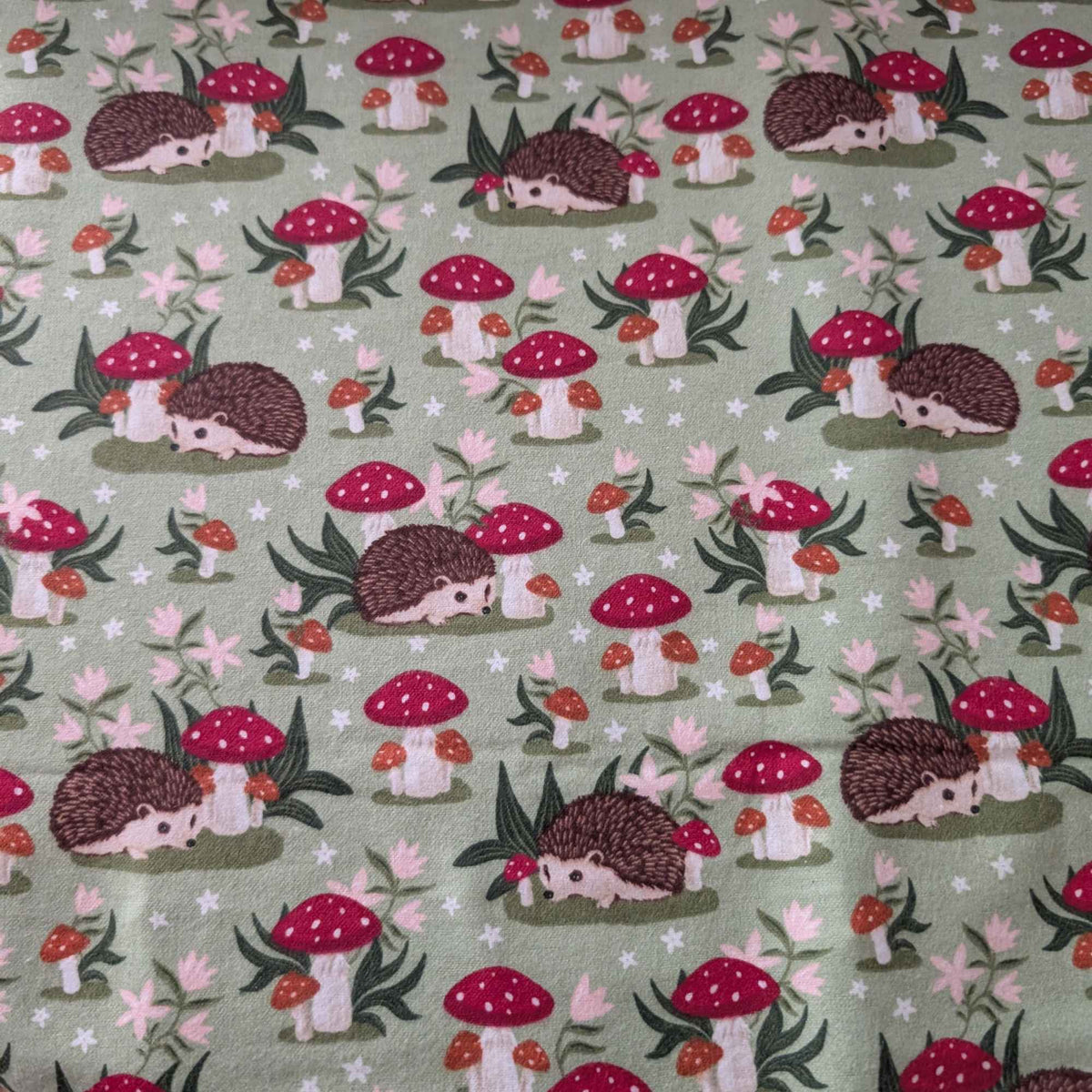 Hedgehog & Mushrooms Cotton Flannel Fabric – Woodland Animal Print, Brushed Soft, OEKO - TEX Certified