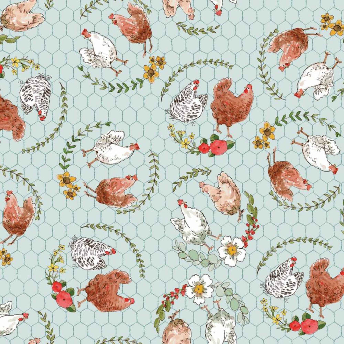 Hens and Chickens in a Chicken Coop in Teal