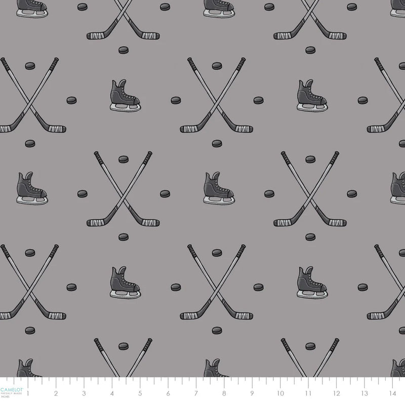 Hockey Anthem Cotton Fabric – Grey | North of Ordinary | Quilting Cotton
