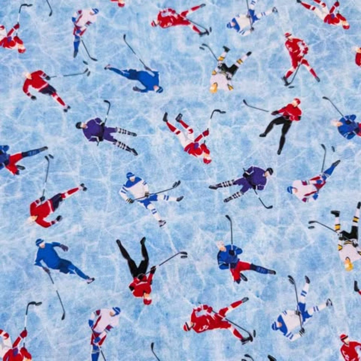 Hockey Players on Blue Cracked Ice, Quiltling Cotton
