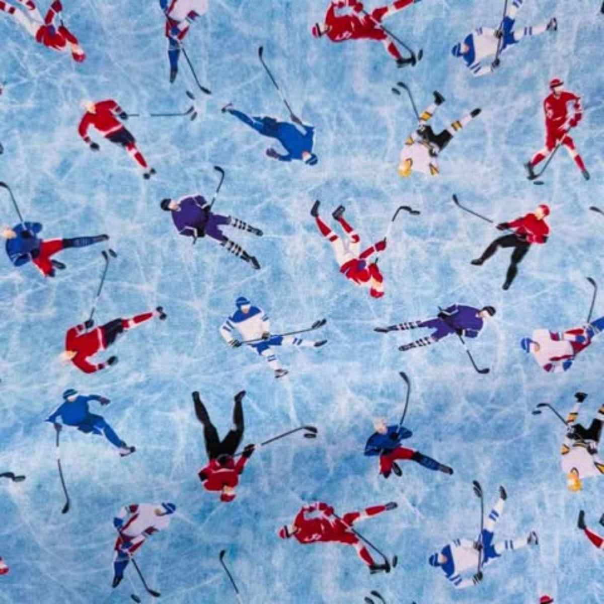 Hockey Players on Blue Cracked Ice, Quiltling Cotton
