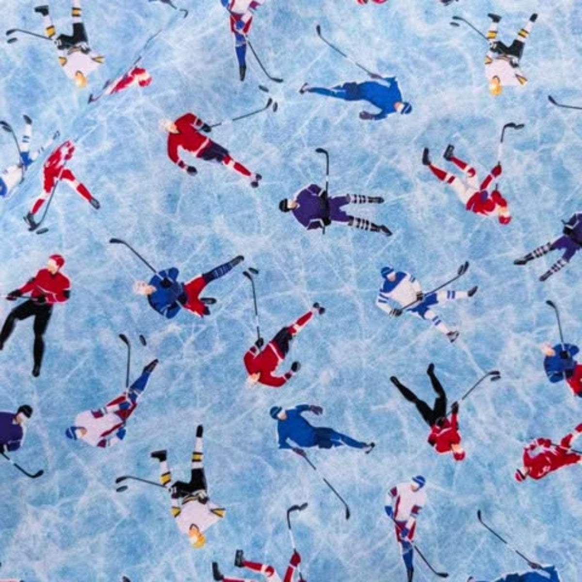 Hockey Players on Blue Cracked Ice, Quiltling Cotton