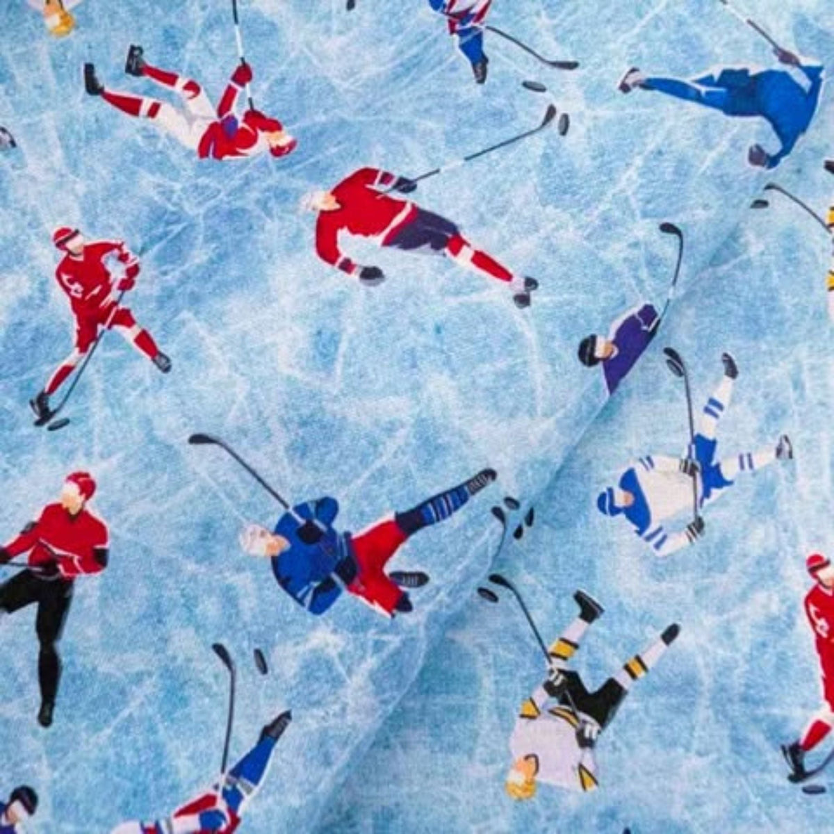 Hockey Players on Blue Cracked Ice, Quiltling Cotton