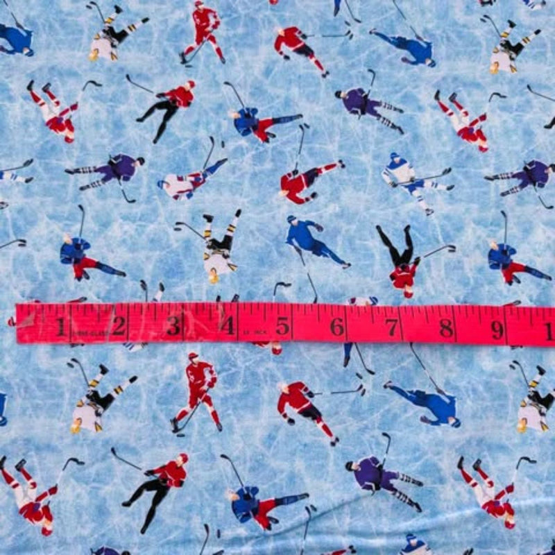 Hockey Players on Blue Cracked Ice, Quiltling Cotton