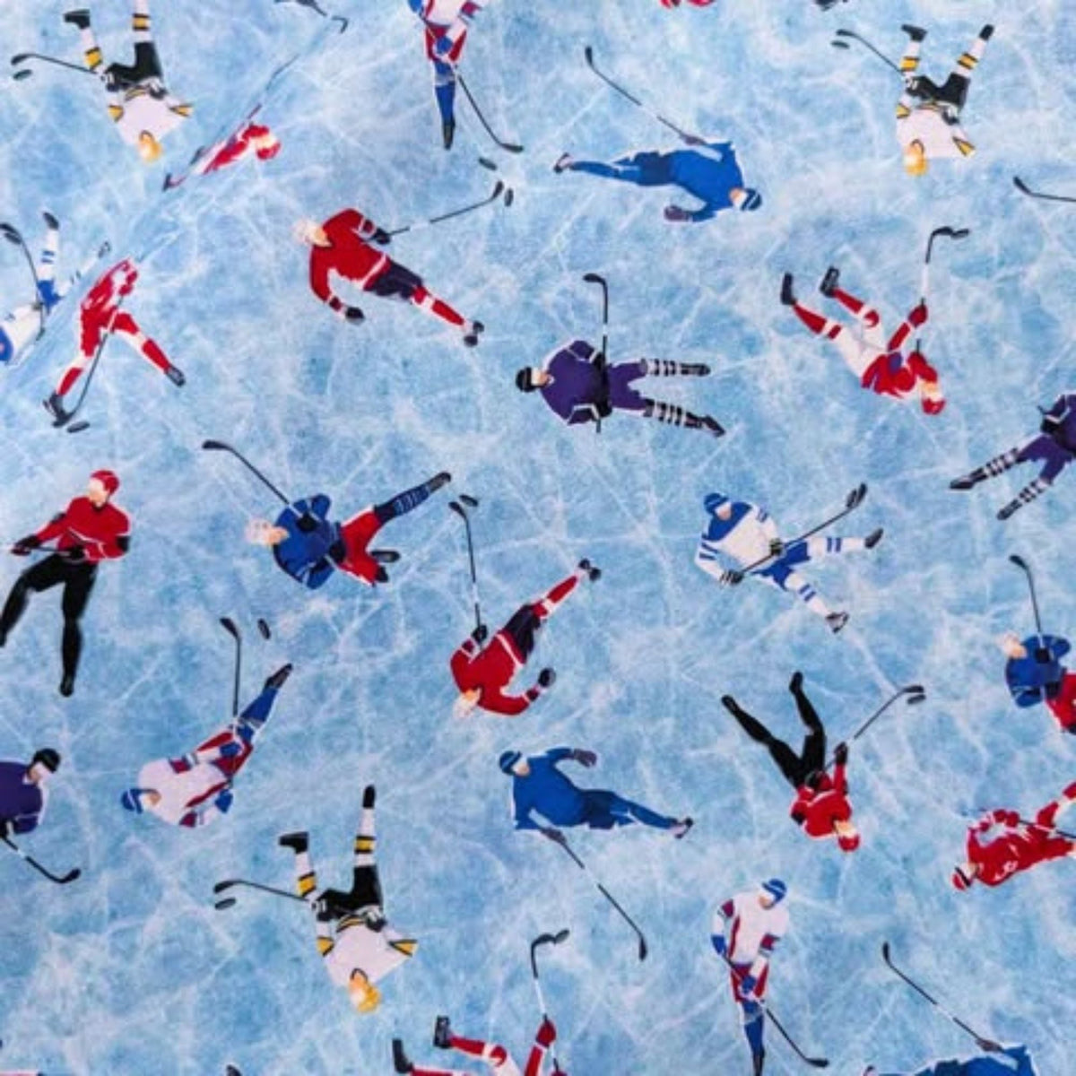 Hockey Players on Blue Cracked Ice, Quiltling Cotton
