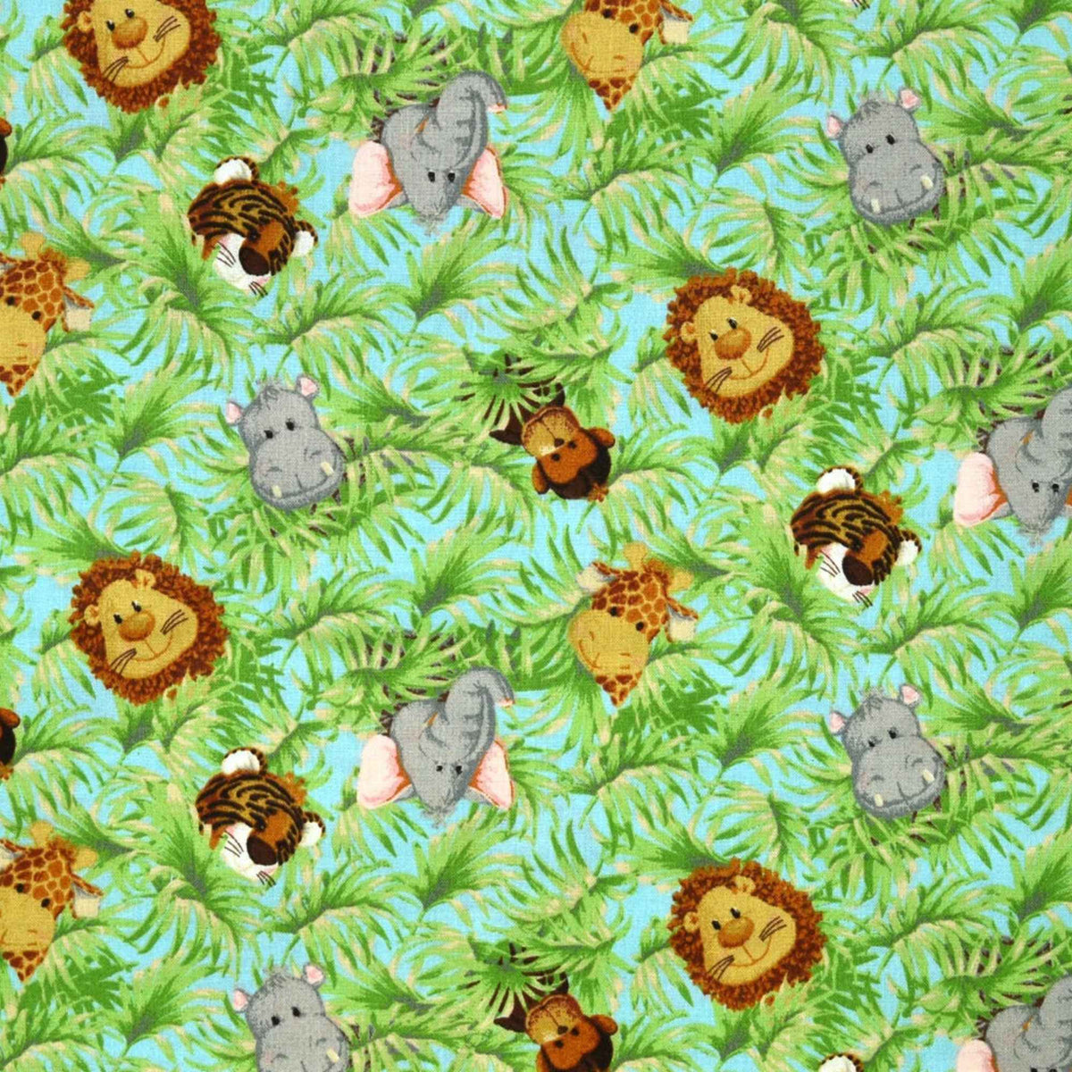 Jungle Babies Flannel Fabric by Patty Reed – Safari Animal Faces on Blue – Soft 100% Cotton Flannel